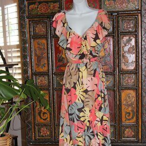 New Indulge Tropical Ruffle Wrap Maxi Dress in a high-low style.